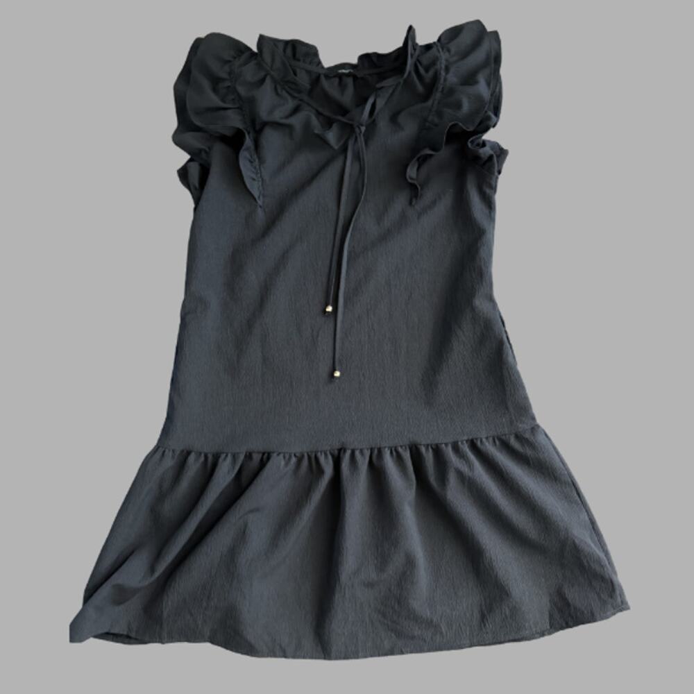 Dokotoo Black Ruffle Flutter Sleeve Tie Neck Drop Waist Mini Dress No Size Tag